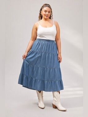 NWT Denim Chambray Tiered Maxi Skirt Elastic Waist Flowy Boho Casual 3X Plus